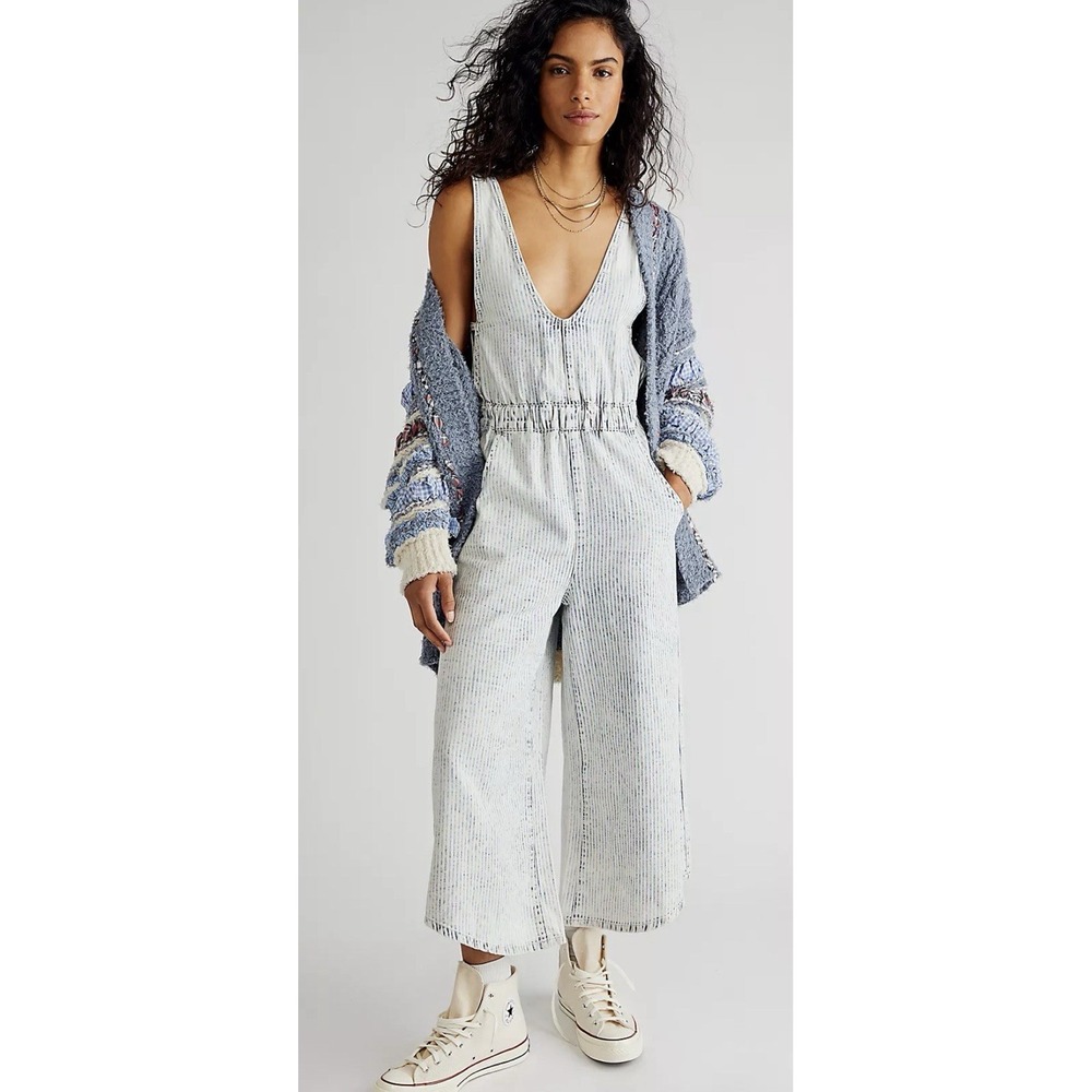 Free People We The Free Alora Jumpsuit Small Striped Denim Tie Back Wide Leg